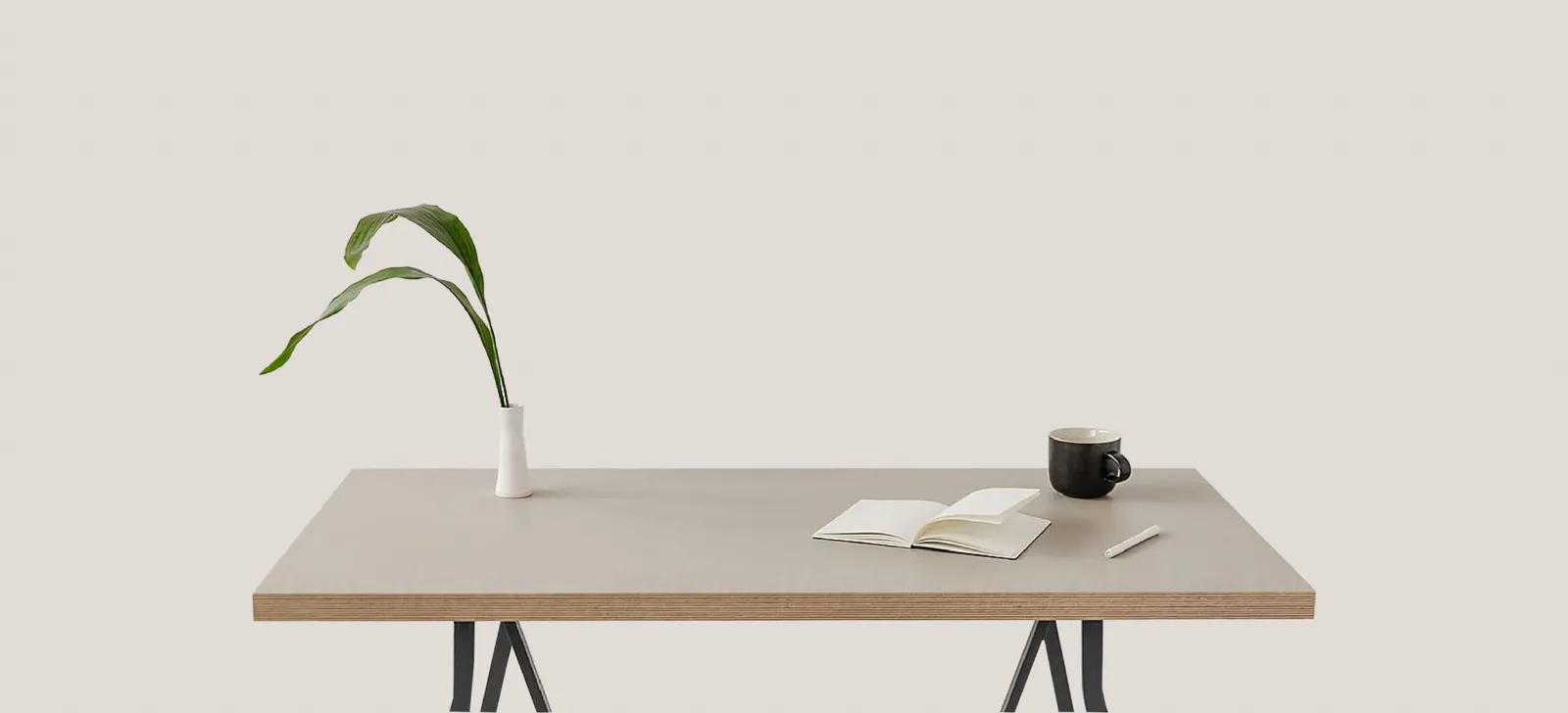 Desk with a laptop, coffee and a plant